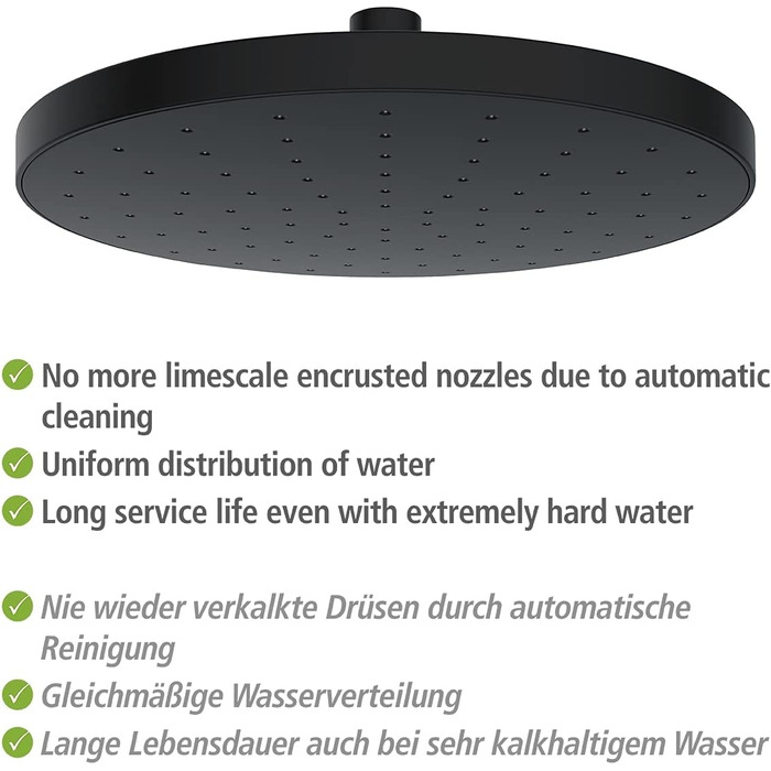 WENKO Rain Shower Head Automatic Cleaning - Anti-Limescale Universal Shower Head with Automatic Cleaning System, Plastic (ABS), 22.5 x 22.5 cm, Silver Glossy, 24000100 (Black)