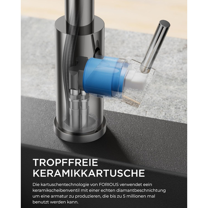 Змішувач для кухні FORIOUS висувний з душем, кухонний, L-подібний, 360° поворот, 2 режими, полірований хром