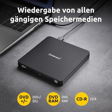 Зовнішній CD/DVD привід-записувач Intenso EOD 400D Slim, USB 3.2 (USB-C та USB-A), для ноутбуків та ПК, Windows та MacOS, чорний