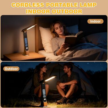 Bokefo Світлодіодна настільна лампа з акумулятором 1800 mAh, 3 кольори, регулювання яскравості, годинник, сенсорне управління, складна та портативна. Підходить для офісу, навчання, читання. Без адаптера