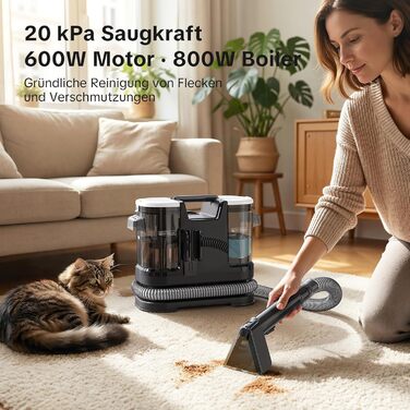Портативний мийний пилосос для м'яких меблів Lubluelu 600 Вт, 18 кПа, з функцією самоочищення та підігрівом, для килимів, диванів та авто (чорний)