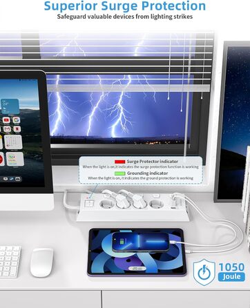 Мережевий фільтр Steckdoseleiste 5-фазний з індивідуальним вимикачем, захистом від перенапруги 1050J, для дому та офісу, кабель 2м (4 фази з USB, білий)