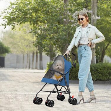 Візок для собак та котів OHMG, складаний, до 20 кг, з гальмами, великий кошик, 3 вікна, тримач для напоїв, блакитний