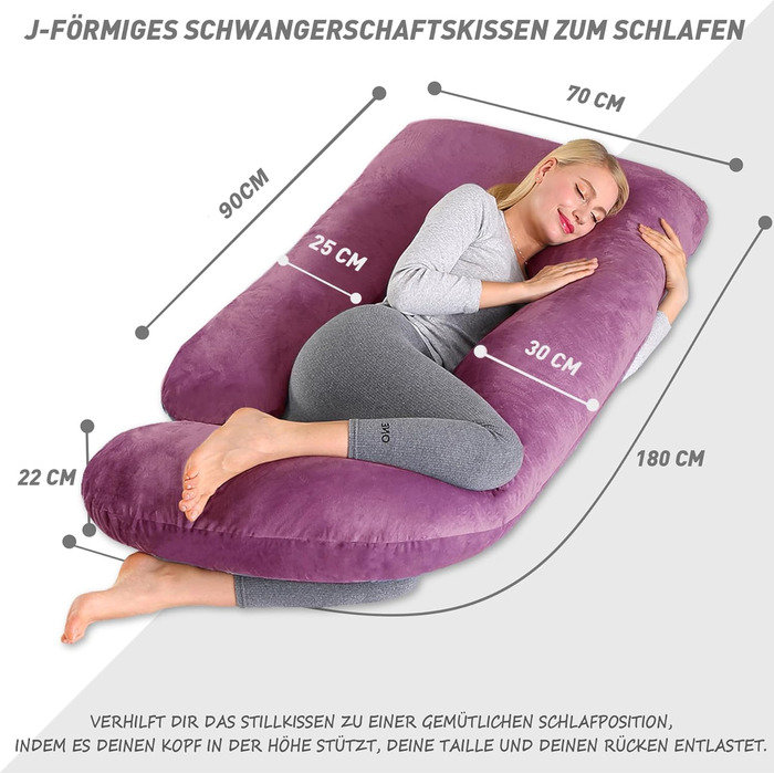 Подушка для вагітних CALIYO J-подібної форми, подушка для годування XXL, бічне положення, 180x70 см, бавовняна підкладка (фіолетовий)