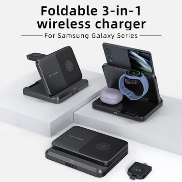 Бездротова зарядка 3-в-1 для Samsung Galaxy: S25/S24/S23/S22, Z Flip 6/5, Z Fold 6/5, Buds3 Pro/Buds3, Watch7/Watch Ultra/Watch6 (Чорний)