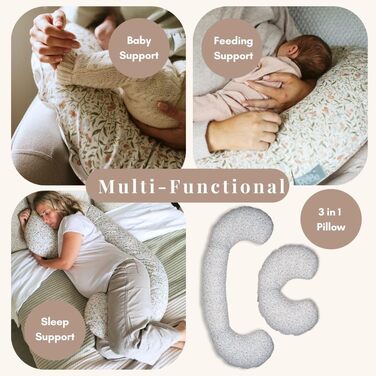 Подушка для вагітних BellaMoon 3-в-1 – підтримка всього тіла, C-подібна форма, для сну, годування та як ліжко для дитини, знімний бавовняний чохол (Waterleaves)