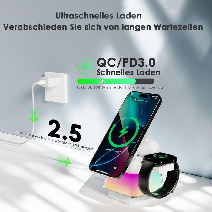 Бездротова зарядна станція 3-в-1 Minthouz Leap Cube 15, швидка зарядка 15W Qi, підставка з багатокольоровою підсвіткою для iPhone 16, 15, 14, 13