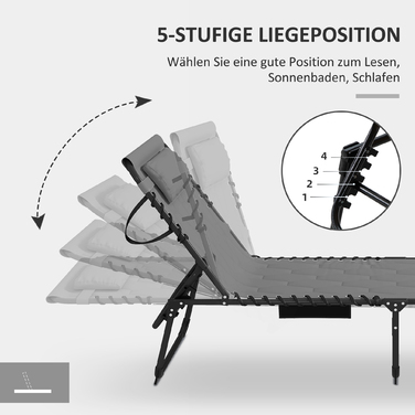 Шезлонг Outsunny, розкладний, з подушкою, стійкий до погодних умов; 188 x 65 x 36 см, сірий + чорний