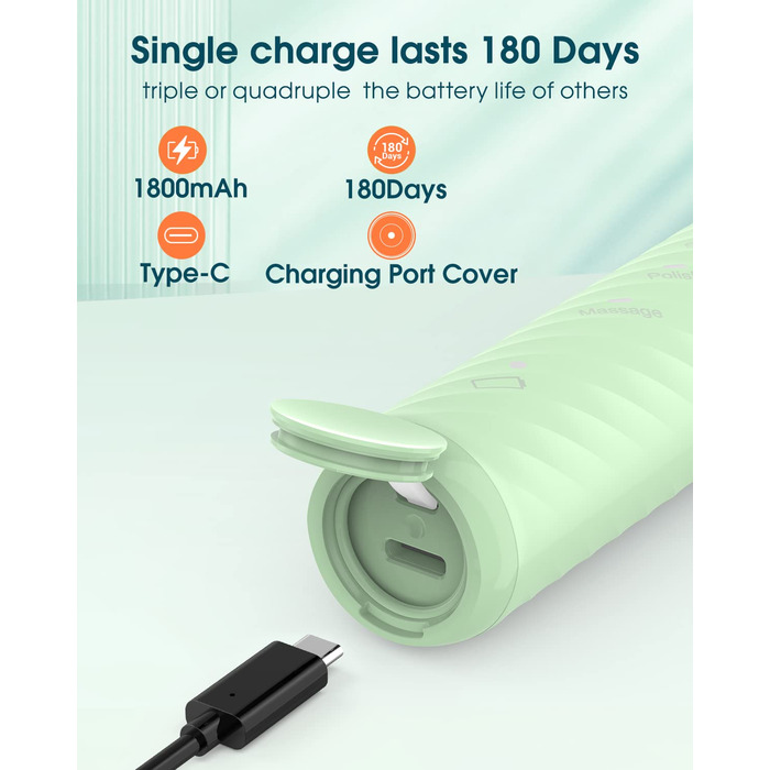 Електрична зубна щітка для дорослих з 6 насадками, акумуляторна звукова, 180 днів роботи, світло-зелена