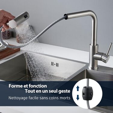 Змішувач для кухні BELZ з висувною лійкою, 3 режими, поворотний на 360°, нержавіюча сталь SUS304, матовий нікель