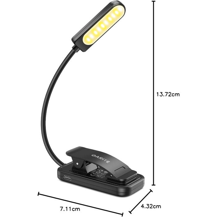 LED лампа для читання з кліпсою, захист очей, 6 LED, 3 режими яскравості (теплий/холодний/білий), USB перезарядна, 360° регульована, для читання, ліжка, офісу, подорожей, чорна