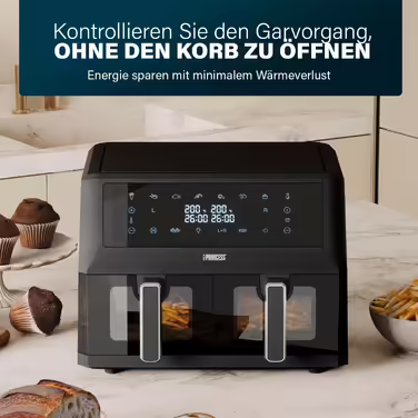Princess Double Basket Air Fryer - 2 Compartments - 11 L - BPA- and PFAS-free - Sync Function - 8 Programs - Viewing Window - 2400 W - 182276 DOUBLE CHAMBER 2x5.5L
