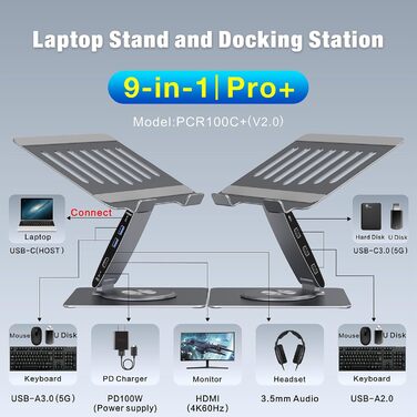 Регульована підставка для ноутбука на стіл з док-станцією 9-в-1, алюміній, USB-хаб, 360° обертання, Dual Display 4K60Hz HDMI, 3 USB 3.0, 100W PD зарядка, для MacBook Pro Air/Dell