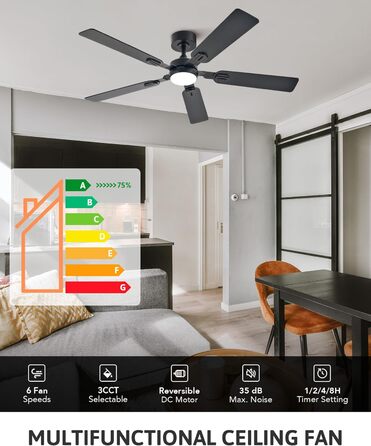 Стельовий вентилятор CO-Z з підсвічуванням 132 см LED, 5 лопатей ABS/дерево, пульт ДУ, DC-мотор, для приміщень та терас