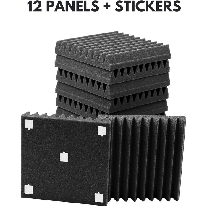 Акустичний поролон для звукоізоляції стін, 24 панелі 30x30x5 см, високої щільності, антрацитово-сірий, для студії звукозапису (з клеєм)