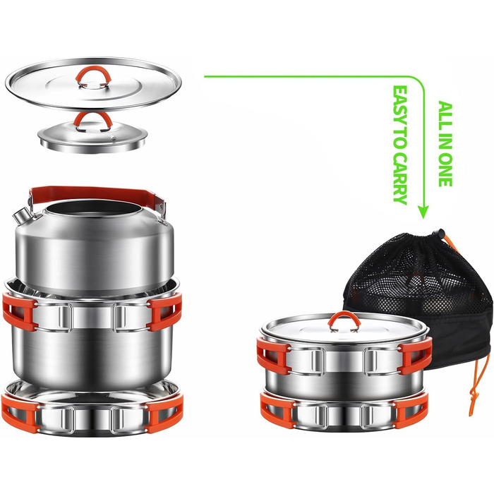 Набір посуду для кемпінгу з нержавіючої сталі 304, 1-2 особи. Посуд для туризму, похідний набір з каструлею, сковородою з антипригарним покриттям та чайником у сітчастій сумці