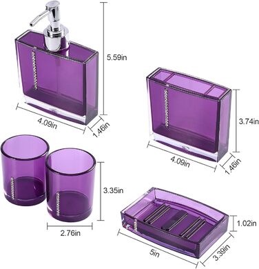 5-Piece Bathroom Accessory Set includes emulsion bottle, toothbrush holder, 2 rinsing cups, soap dish, plastic gift bath set, white (purple)