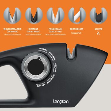 Точилка для ножів Longzon 5-в-1 з регулюванням, антиковзаючі рукавички, для сталі та зубчастих ножів