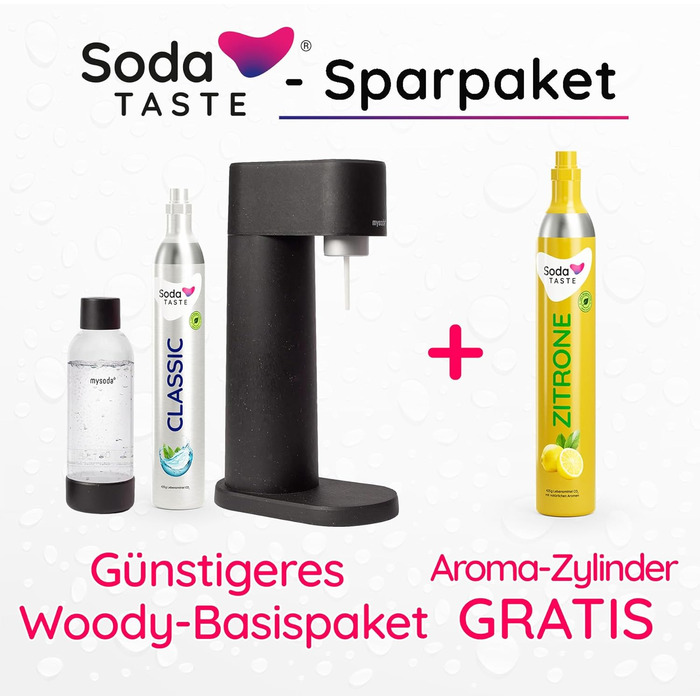 Набір Mysoda Woody: газований напій з дерева, 1л BPA-free пляшка, циліндри CO2 Classic та Lemon (чорний)