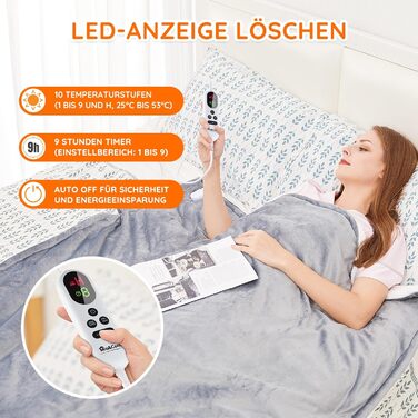 Електрична ковдра Mia&Coco з автовимкненням 180x130 см, 10 температурних режимів, таймер 9 годин, захист від перегріву, пральна машина, фланелева ковдра для ліжка, дивана та вітальні, сіра (130x160 см, сіра)