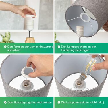 Торшер EDISHINE (2 шт.) з дерева, LED, бежевий абажур з льону, патрон E27, з лампою, вінтажний, для спальні, вітальні, подарунок (сірий)