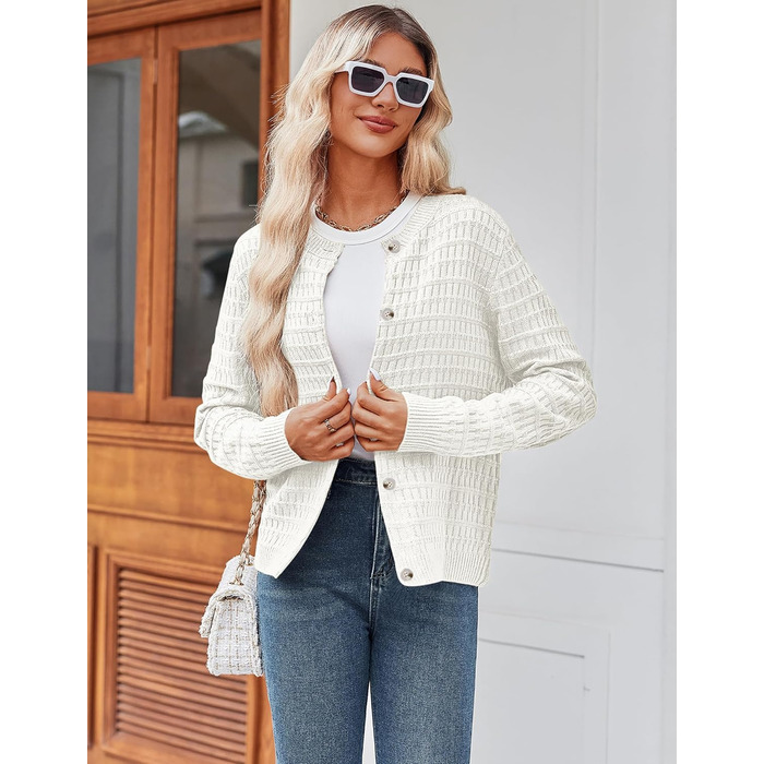Кардиган жіночий Zeagoo з довгими рукавами, в'язаний, з круглою горловиною, на ґудзиках, відкритий спереду, елегантний, розмір L, колір білий