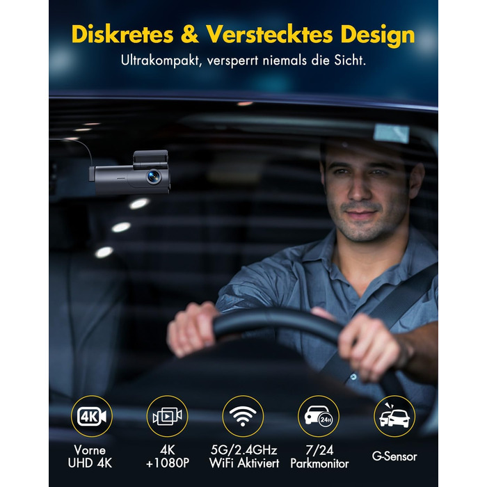 Відеореєстратор GKU Dashcam Auto: 4K+1080P, WiFi 2.4/5GHz, SD 64GB, Паркувальний режим, Нічне бачення, WDR, 170° Кут огляду, G-сенсор, Циклічна запис, Керування через APP, Чорний