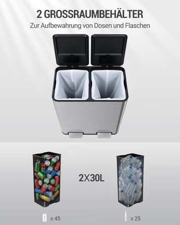 Відро для сміття з сортуванням 2 відділення 60 л (2 x 30 л), нержавіюча сталь, з педаллю, тихий закриття, з 15 пакетами, срібний SW06099E