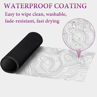 HAUTOCO Килимок для миші ігровий XXL 800x300 мм, чорний з топографічною сіткою, антиковзаюча гума, для комп'ютера, покращена швидкість та точність