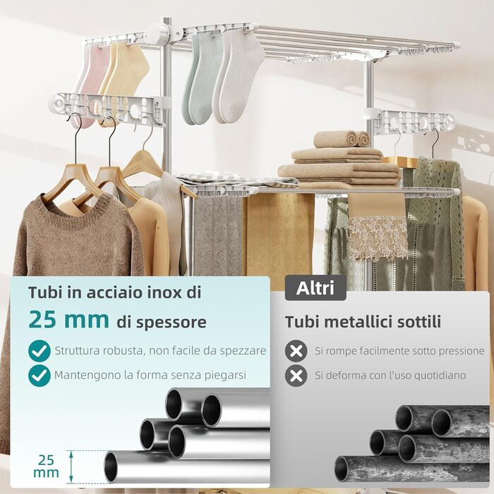 Сушарка для білизни HOMCOM Tower, 4 рівні, з колесами, біла - 142x55x172 см