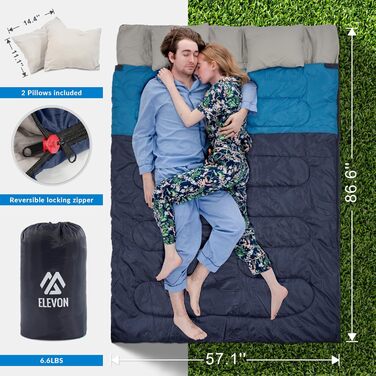 Спальний мішок Elevon для дорослих, підлітків та дітей, 3-4 сезони, водонепроникний, компактний, для кемпінгу, рюкзаків, подорожей, зелений (2 особи)