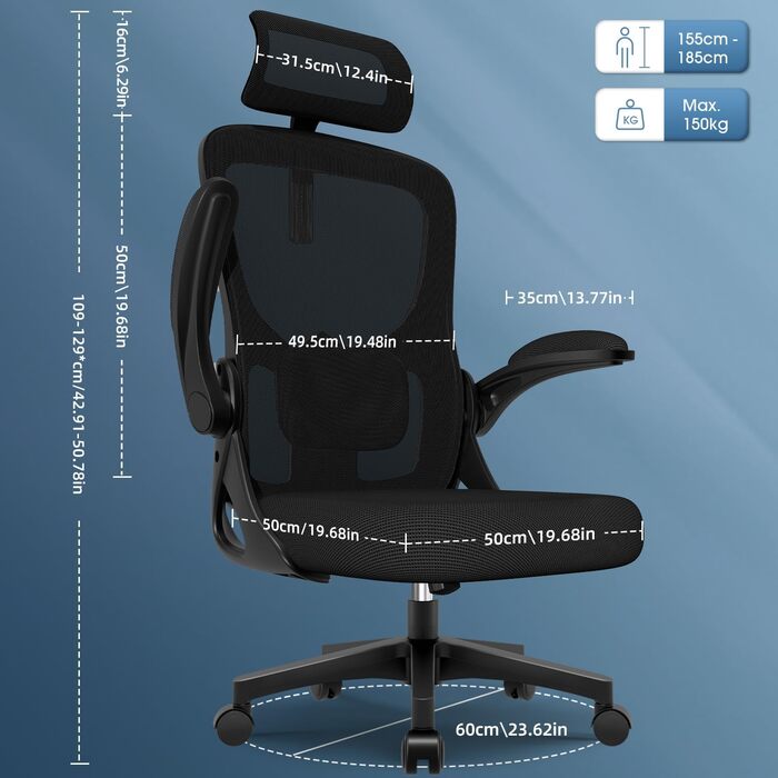 Офісний крісло з підголівником та підтримкою попереку, ергономічне, з регулюванням нахилу до 130°, з відкидними підлокітниками, поворотне, чорне, модель Ⅰ, до 150 кг