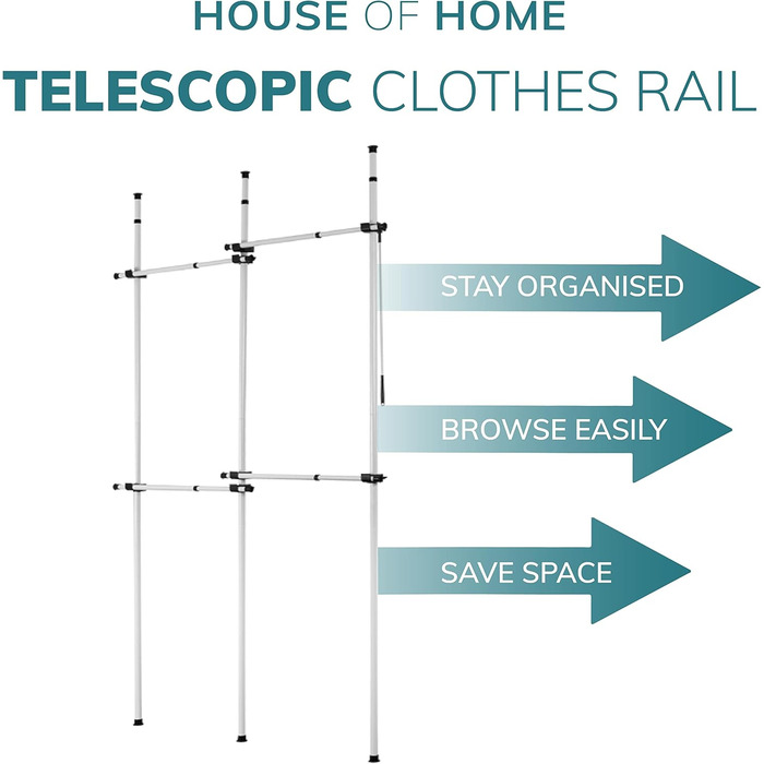 Robust, triple-extendable clothes rail from House of Home – Replacement for clothes rail in wardrobe – Adjustable shelf frame – Clothes storage (double bed)