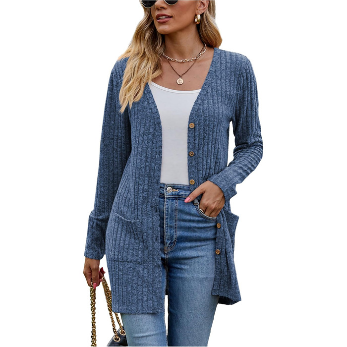 Кардиган жіночий з довгим рукавом, відкритий спереду, на ґудзиках, V-подібний виріз, легкий, з кишенями (XL, темно-синій)