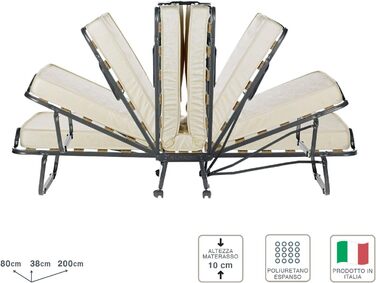 Розкладне ліжко Cortassa XL Comfort з матрацом 10 см, дерев'яний ламельний каркас, 90x200, компактне ліжко на колесах (поліуретан)