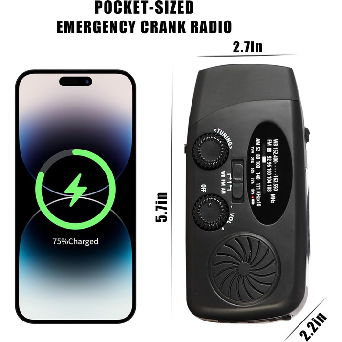 Радіо на сонячних батареях і з ручним заводом Notfallradio – AM/FM, погода, ліхтарик LED, SOS, 2000mAh, зарядка для смартфонів, чорний