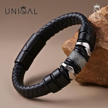 Чоловічий шкіряний браслет UNIQAL 'Premium Style' Mamba Black 23 см з нержавіючої сталі + Подарункова коробка