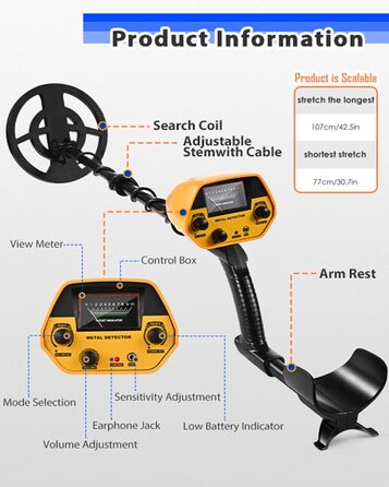 Металодетектор високої точності, вологостійкий, для пошуку золота. Регульована висота 78-108 см, котушка 25 см, роз'єм для навушників, максимальна глибина нажада зсудить</end_of_of_</start_of_of*</end</model]</code></end</model> 