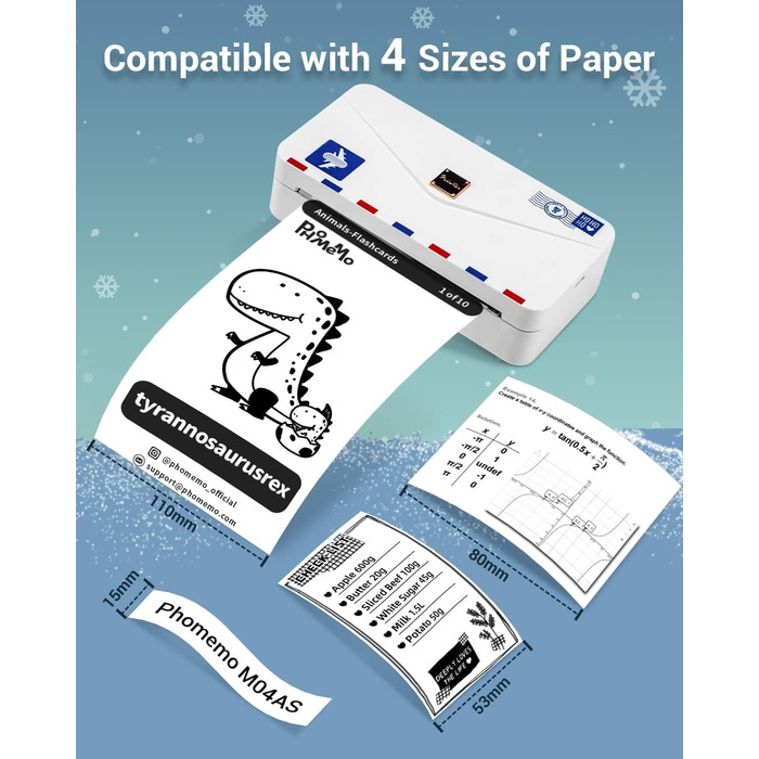 Phomemo Mini Drucker M04AS: компактний термальний принтер з Bluetooth для iOS та Android, 15/53/80/110 мм ширина друку, 300DPI, для документів, фото, етикеток
