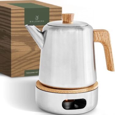 WALDWERK Teapot with Infuser - Teapot Thermal Double-Walled - Teapot with Strainer Made of 304 Stainless Steel - Tea Maker with Real Oak Wood Handles - Tea Pot 100% Drip-Free (Teapot with Lid)