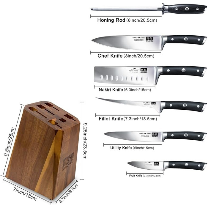 Набір ножів SHAN ZU (7 предметів) з блоком: кухонні ножі, ніж Сантоку 18 см, нержавіюча сталь, ергономічна ручка, подарункова упаковка