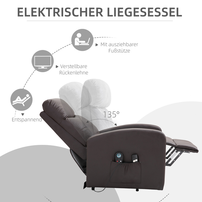 HOMCOM Recliner Chair with Rise Assist and Electric Massage Function, Reclining Function, Faux Leather, Brown, Comfortable Armchair with Remote Control