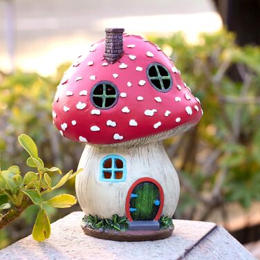 TERESA'S COLLECTIONS Outdoor Garden Decor Fairy House Garden Solar Lighting Mushroom Elf House Fairy Garden Solar Garden Lighting Fairy House made of Resin Pink Gifts for Women 19cm