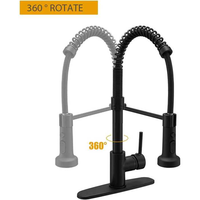 Кухонний змішувач BESy з 3 режимами струменя, висувна лійка, водоспад, поворотний на 360°, для високого тиску, з нержавіючої сталі SUS304, матовий чорний