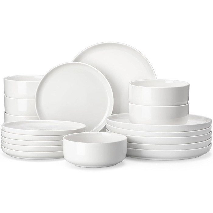 MALACASA Dinnerware Set for 6, LUNA 18-Piece Tableware Set made of White Porcelain, Modern Dinnerware Set with 6 Dinner Plates, Dessert Plates, and Cereal Bowls each