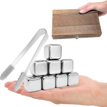 Камені для віскі Com-Four® з нержавіючої сталі - подарунчий набір (12 шт) з мішком та коробкою. Багаторазові камені для віскі, джину, тоніку та коньяку.