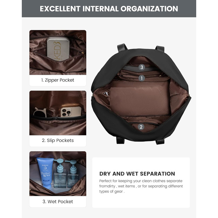 Спортивна сумка LOVEVOOK для подорожей: велика дорожня сумка-мішок 60L з відділенням для взуття (45x36x20cm, чорний)