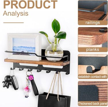 Дерев'яне ключове дошка JiangLin з полицею, декоративний тримач для ключів, настінна організація для ключів з 7 гачками, для входу, коридору, вітальні, чорний