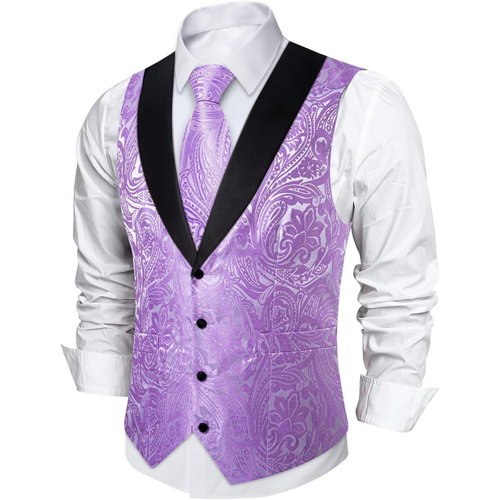 Костюм чоловічий DiBanGu 7-частинний: жакардовий піджак, жилет, краватка, кравецький комірець, сорочка, штани, для весілля, свят, мокінгу. Золотистий та чорний (S, Фіолетовий)
