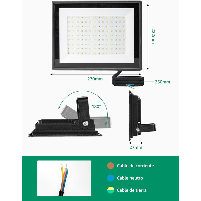 Aigostar LED Floodlight Outdoor Indoor 100W 8700LM Cool White 6500K LED Spotlight Floodlight IP65 Waterproof LED Outdoor Spotlight for Bright Garden Garage Sports Field Yard Floodlight
